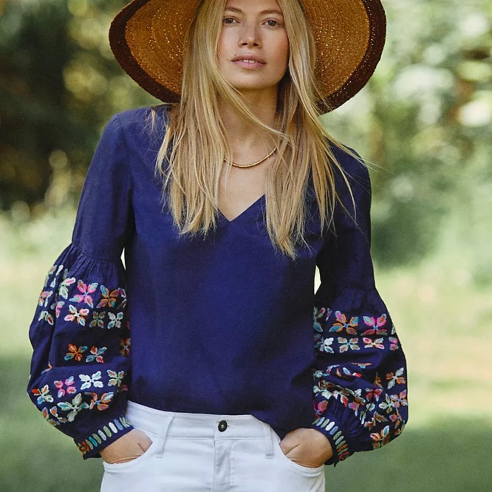 Anthropologie Boho Balloon Sleeve Embroidered Top Boho Hippie Festival Retro 70